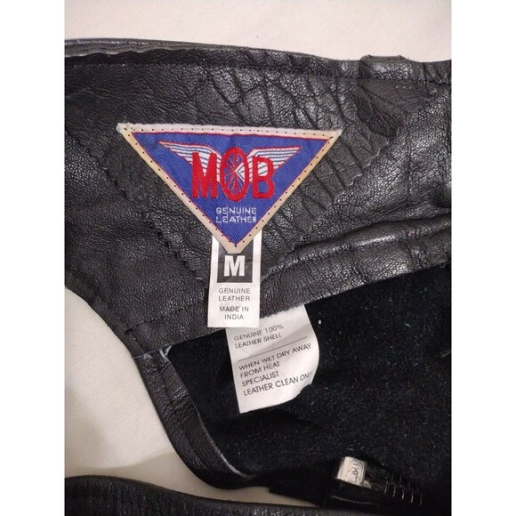 Vintage MOB Black Leather Biker Chaps Medium Unisex Y2K Punk Festival Edgy Rider - Picture 15 of 16